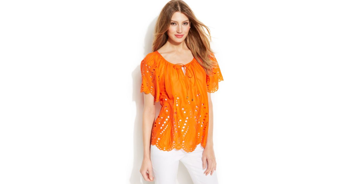 Michael Kors Michael Petite Eyelet Drawstring Peasant Blouse in Orange
