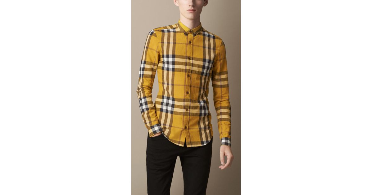 Burberry Exploded Check Cotton Linen Shirt in Yellow for Men | Lyst