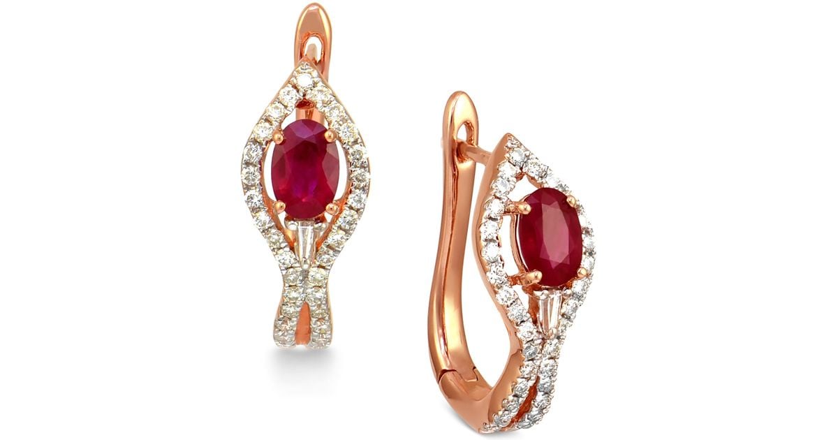 Macy&#39;s Ruby (1 Ct. T.w.) And Diamond (1/2 Ct. T.w.) Hoop Earrings In 14k Rose Gold in Metallic ...