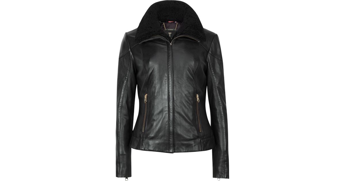 Ted Baker Black Ciel Shearling Trim Leather Jacket