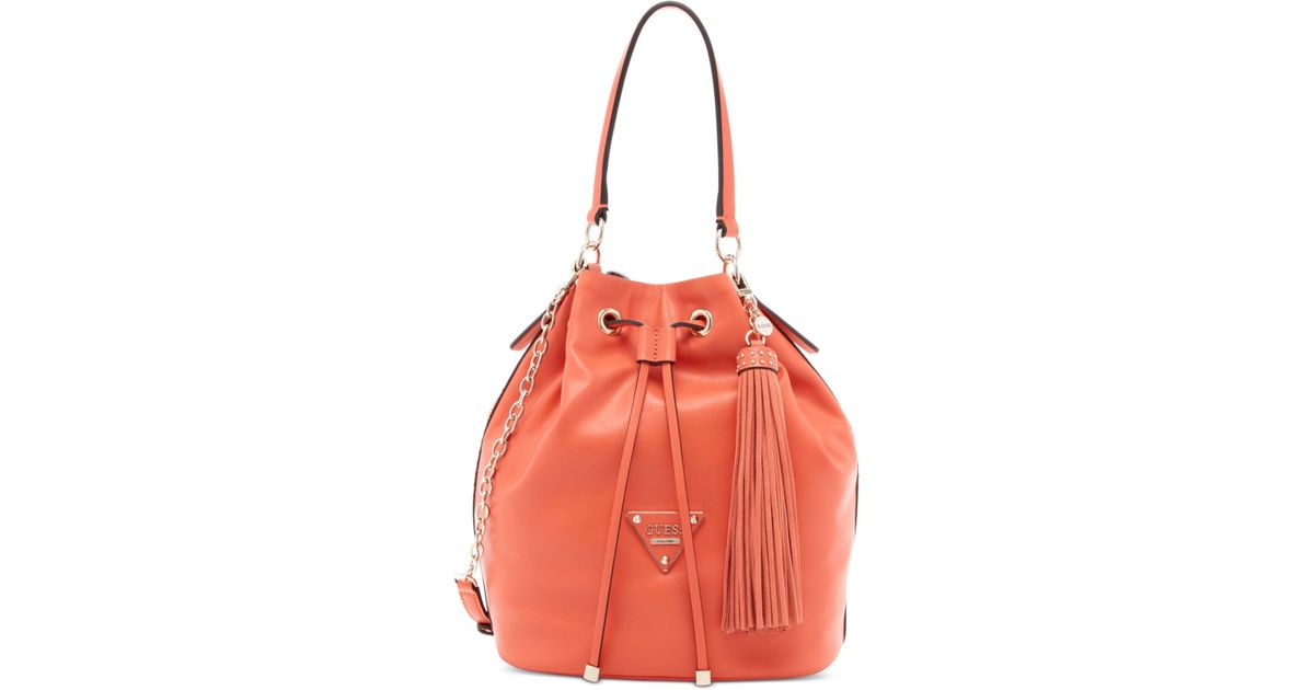 Guess Thompson Drawstring Bucket Bag in Coral (Orange) - Lyst