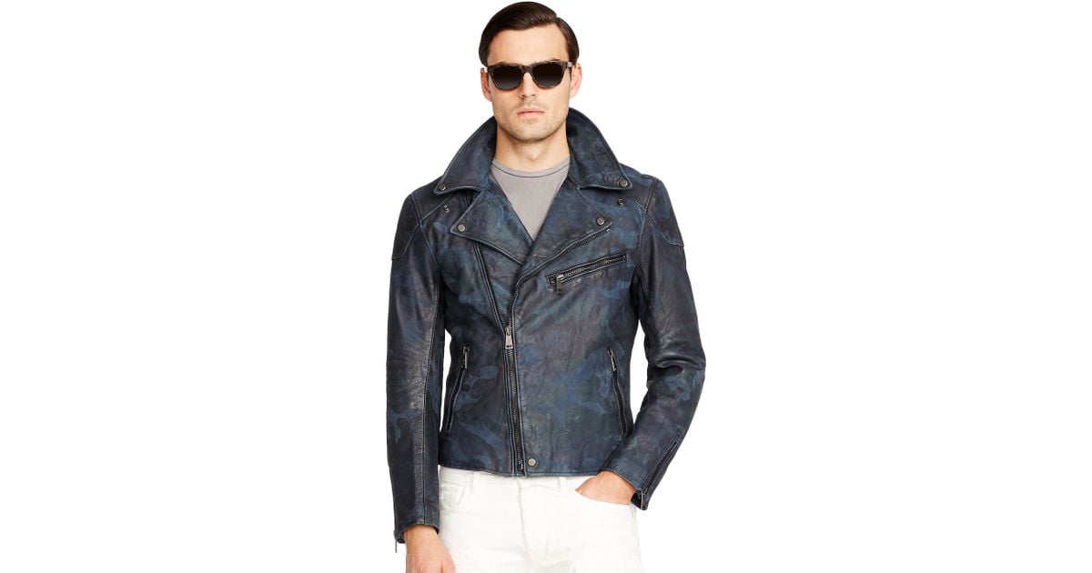 Ralph Lauren Camo Leather Biker Jacket in Blue for Men | Lyst