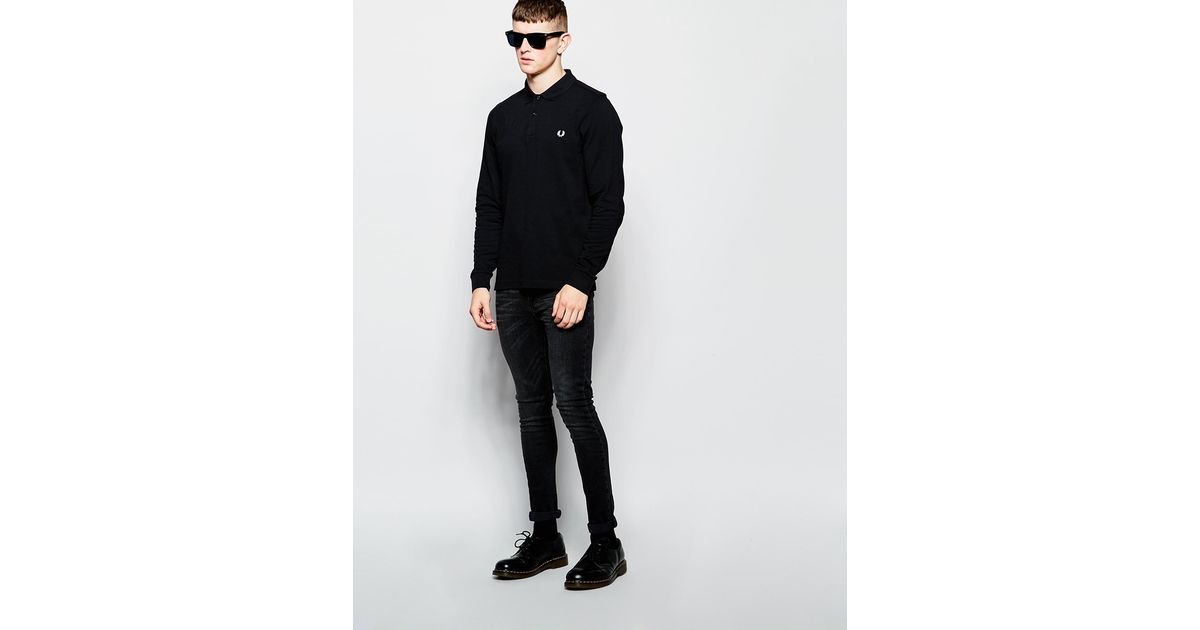 Fred Perry Long Sleeve Polo Shirt In Slim Fit Exclusive In Black For 