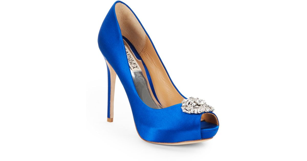 Badgley Mischka Fawn Satin Peep-toe Pumps in Sapphire (Blue) | Lyst