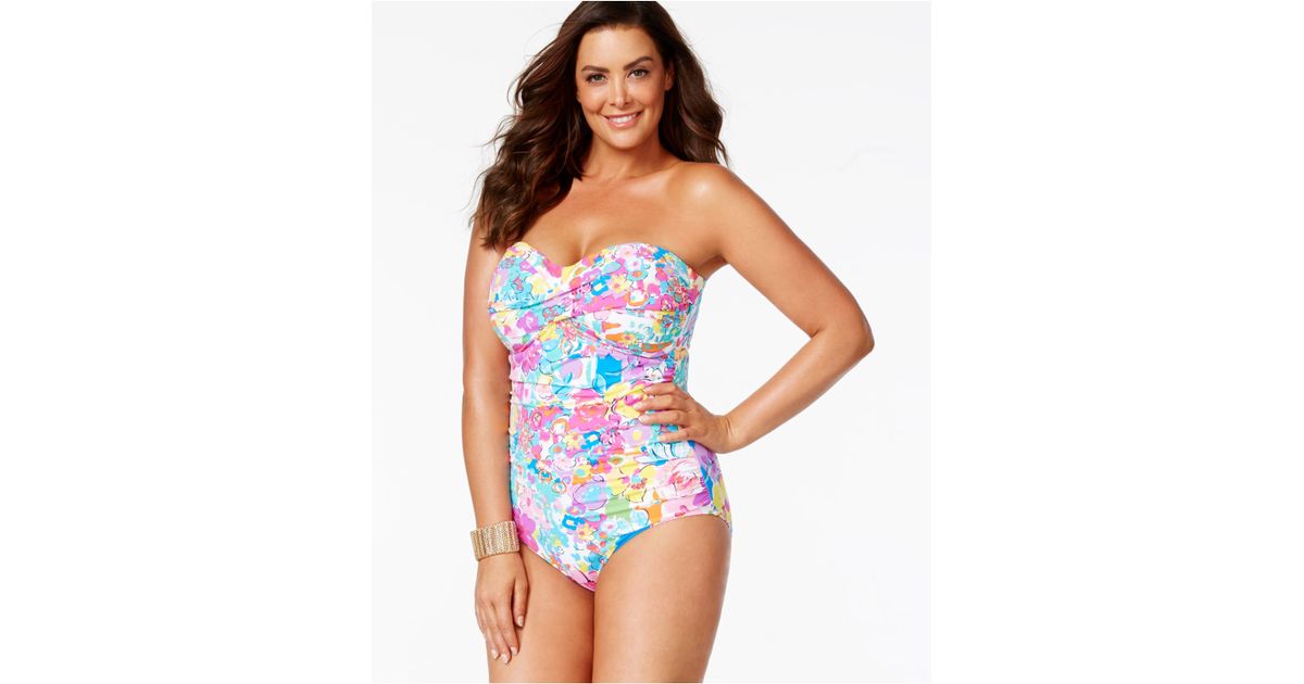 Anne Cole Synthetic Plus Size Floral Bandeau One Piece Swimsuit Lyst