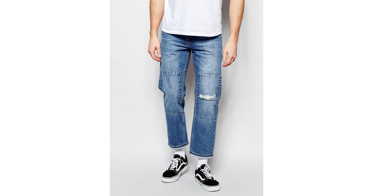 ASOS Straight Jeans In Cropped Length With Patches in Blue for Men | Lyst  Canada