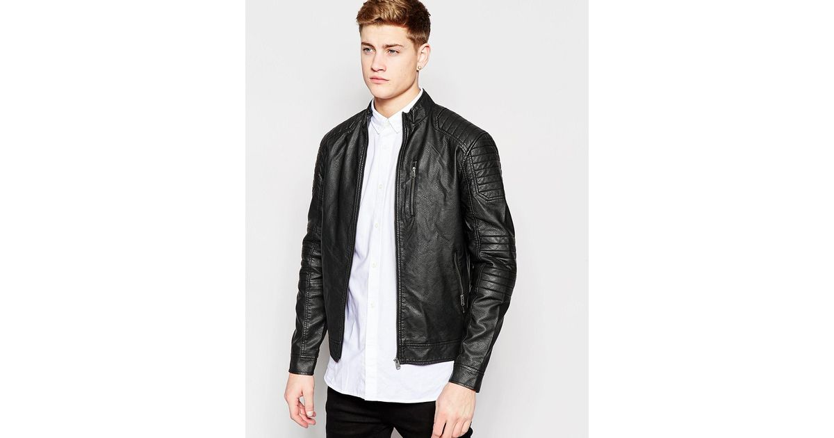 Jack Jones Black Distressed Faux Leather Biker Jacket For Men