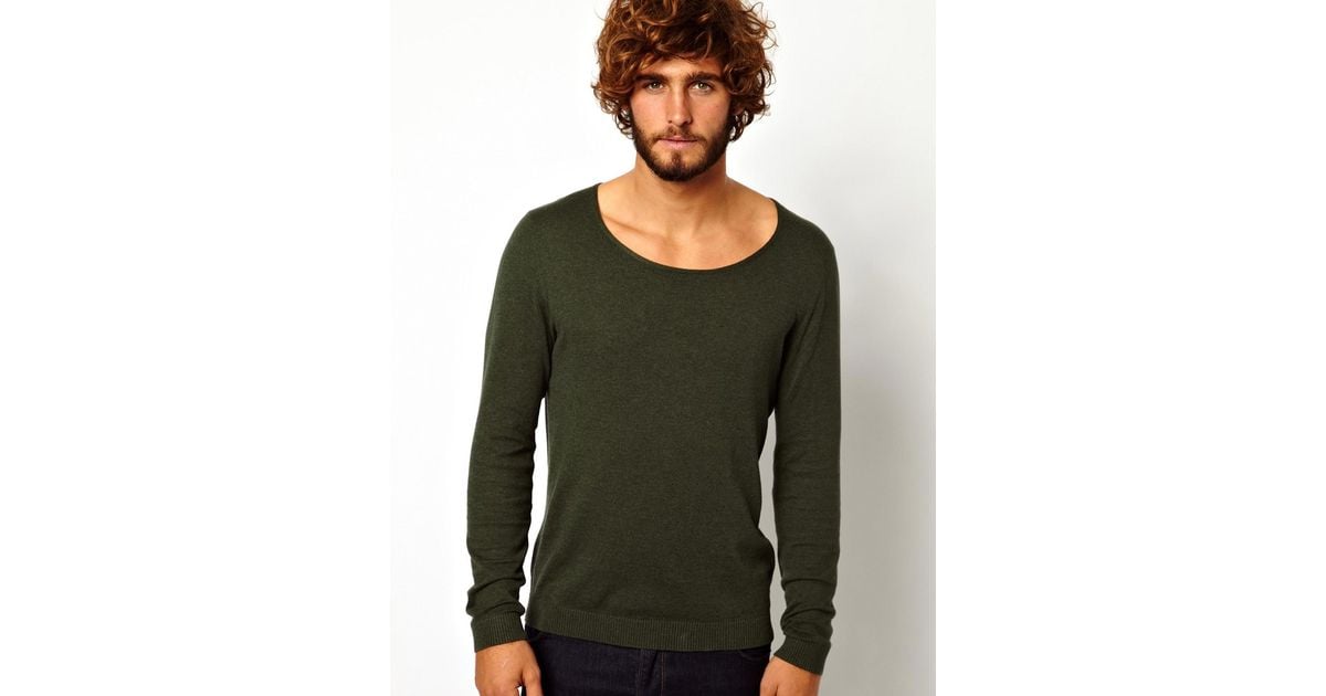 ASOS Scoop Neck Sweater In Cotton in Green for Men | Lyst