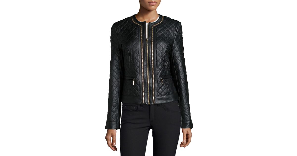 Neiman Marcus Black Quilted Chain Trimmed Leather Jacket