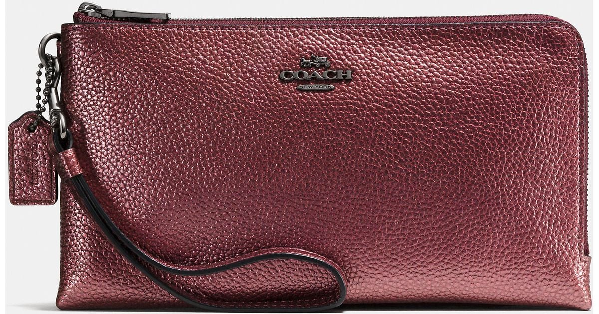 COACH Double Zip Wallet In Metallic Pebble Leather in Black (Pink) Lyst