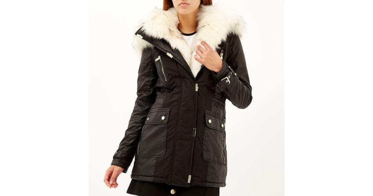 River Island Black Faux Fur Trim Parka Jacket