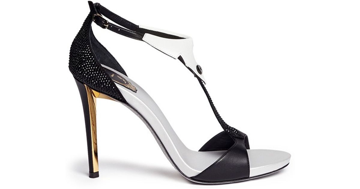 Rene caovilla Tuxedo Motif Strass Pavé Leather Sandals in Black | Lyst