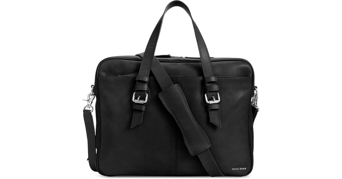 Cole Haan Black Smooth Leather Zip Top Attache Bag For Men