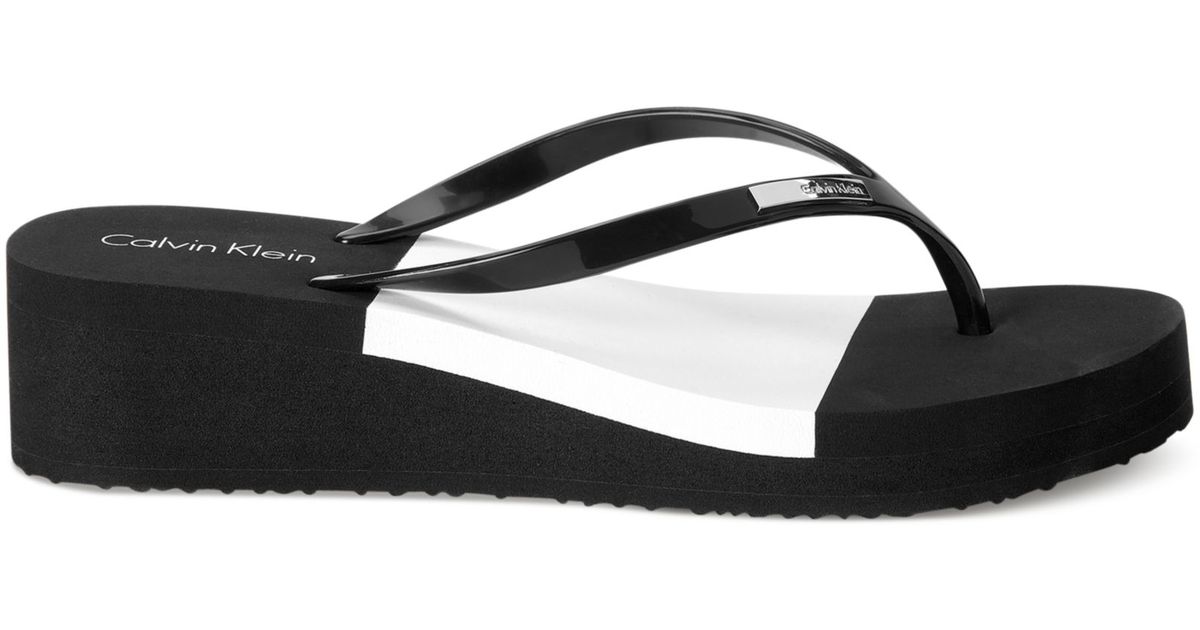 calvin klein black wedge flip flops