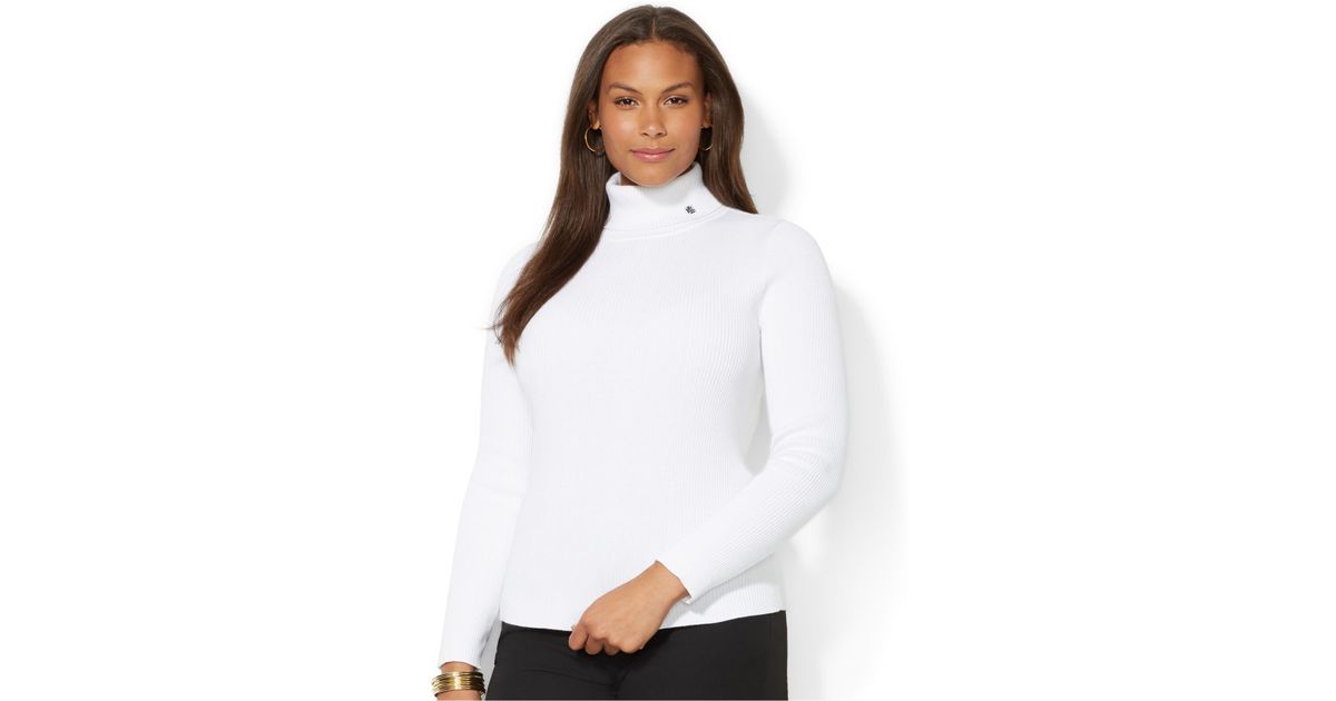 Lauren by Ralph Lauren Plus Size Ribbed Turtleneck Sweater in White | Lyst
