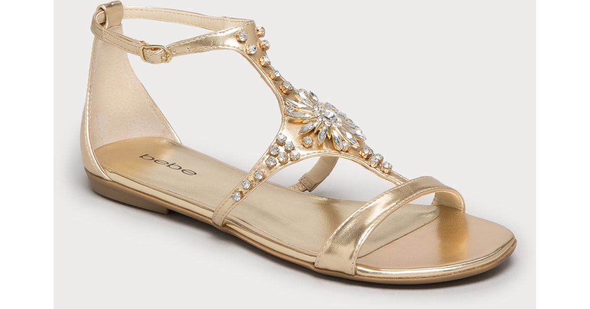 Bebe Jaden Jeweled Flat Sandals in Metallic | Lyst