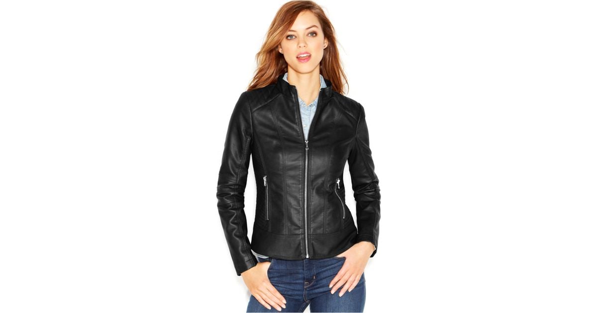 Guess Black Quilted Detail Faux Leather Moto Jacket
