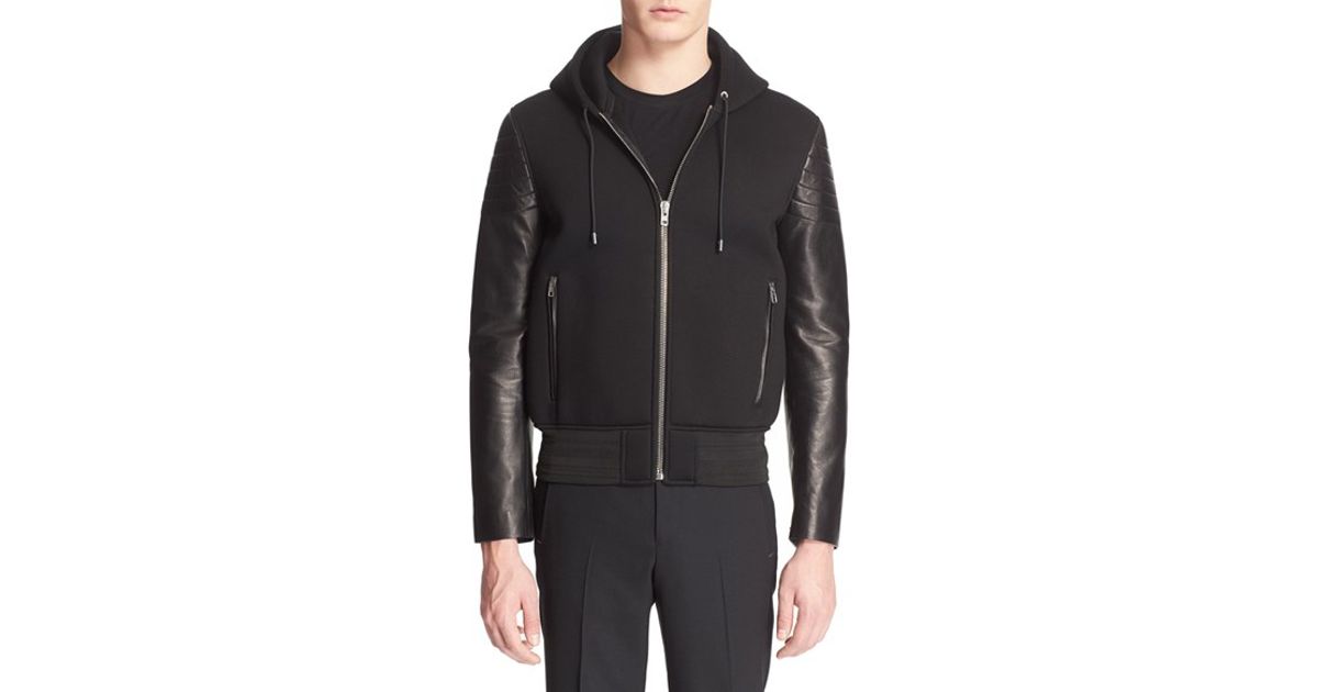 Givenchy Black Leather Sleeve Neoprene Hoo For Men