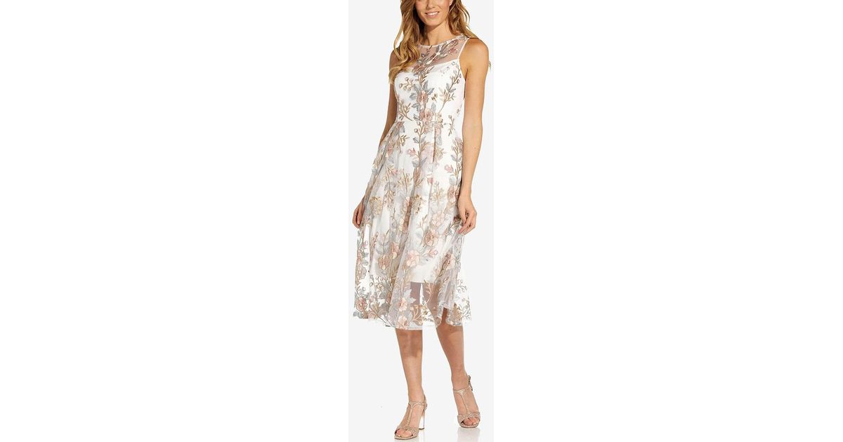 Adrianna Papell Floral Embroidered Midi Dress in Natural | Lyst