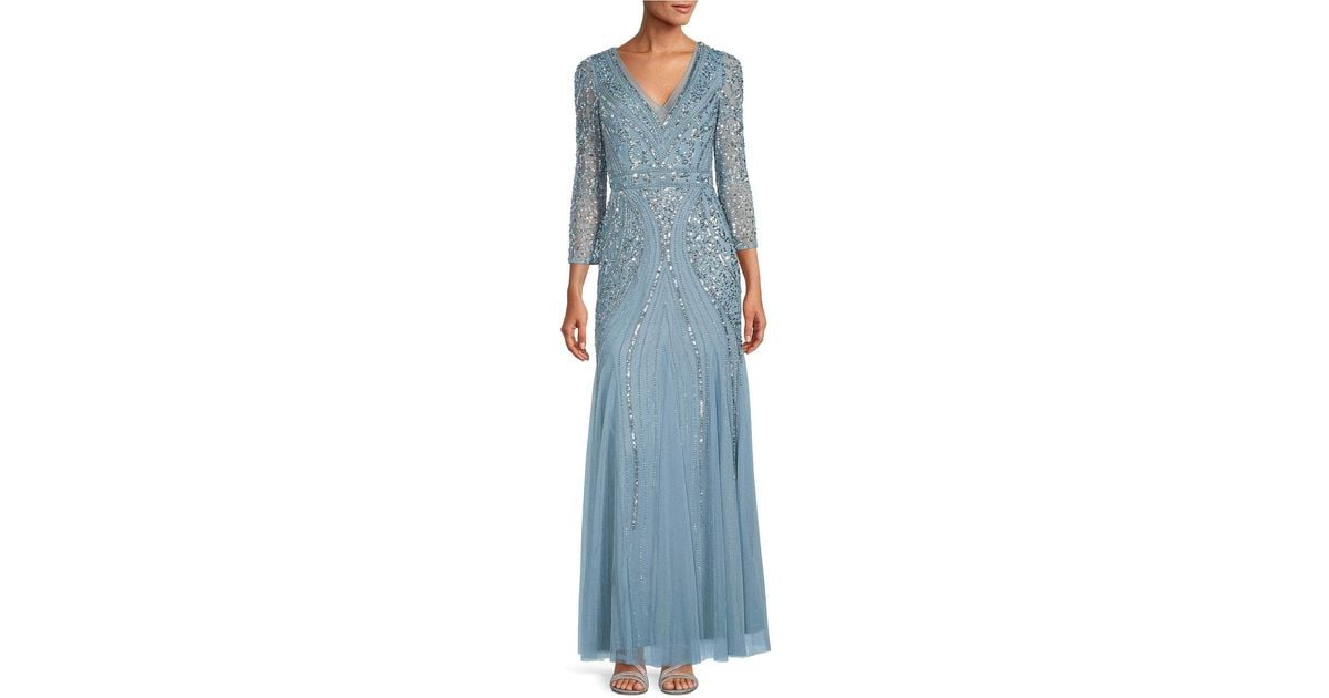Adrianna Papell V Neck Embellished Long Formal Gown in Blue | Lyst
