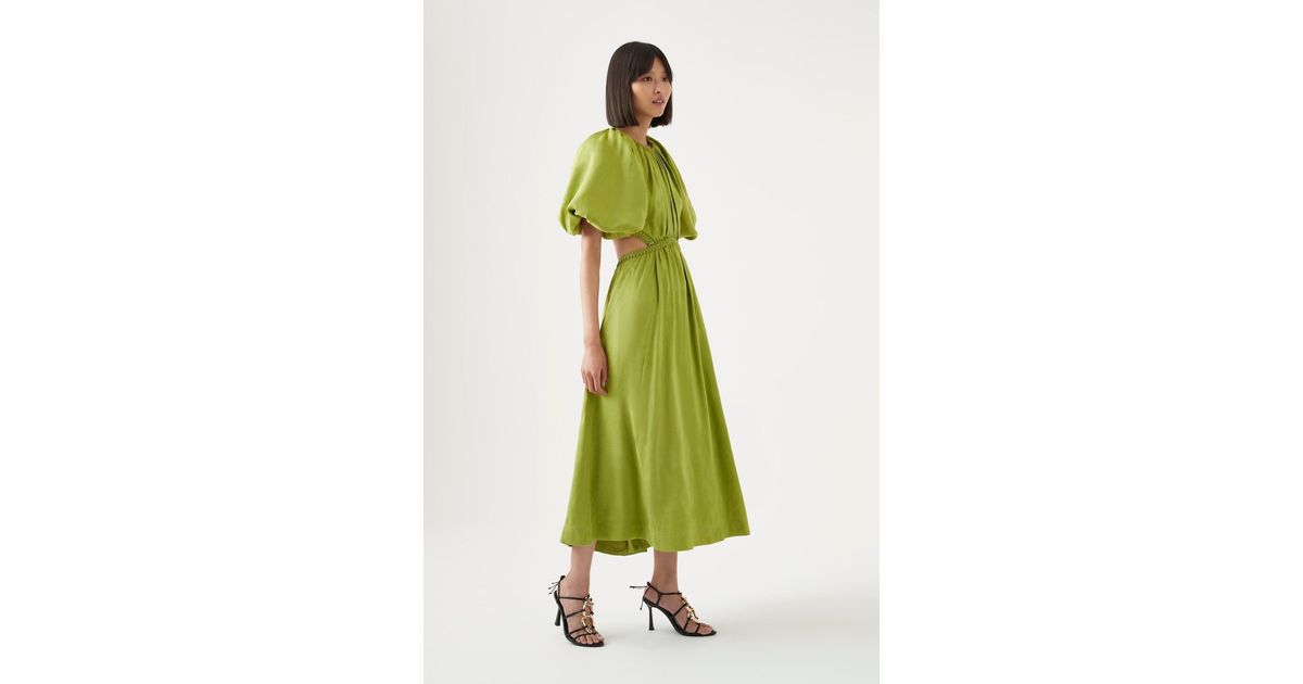 Aje. Linen Capucine Puff Sleeve Midi Dress in Green | Lyst