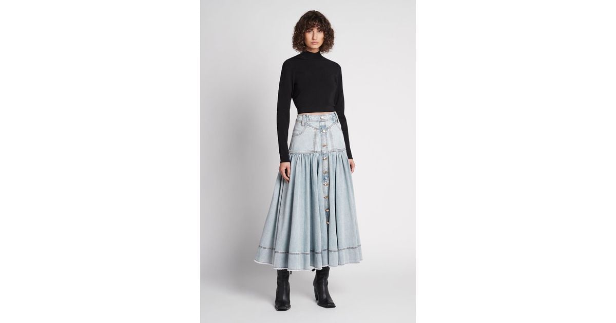 Aje. Belmond Button Denim Tiered Midi Skirt in Blue | Lyst
