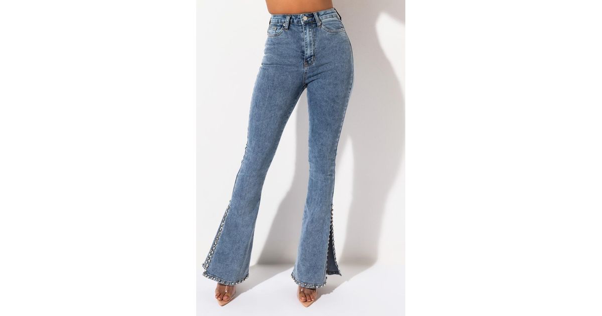 High Rise Rhinestones Flare Denim Pants 