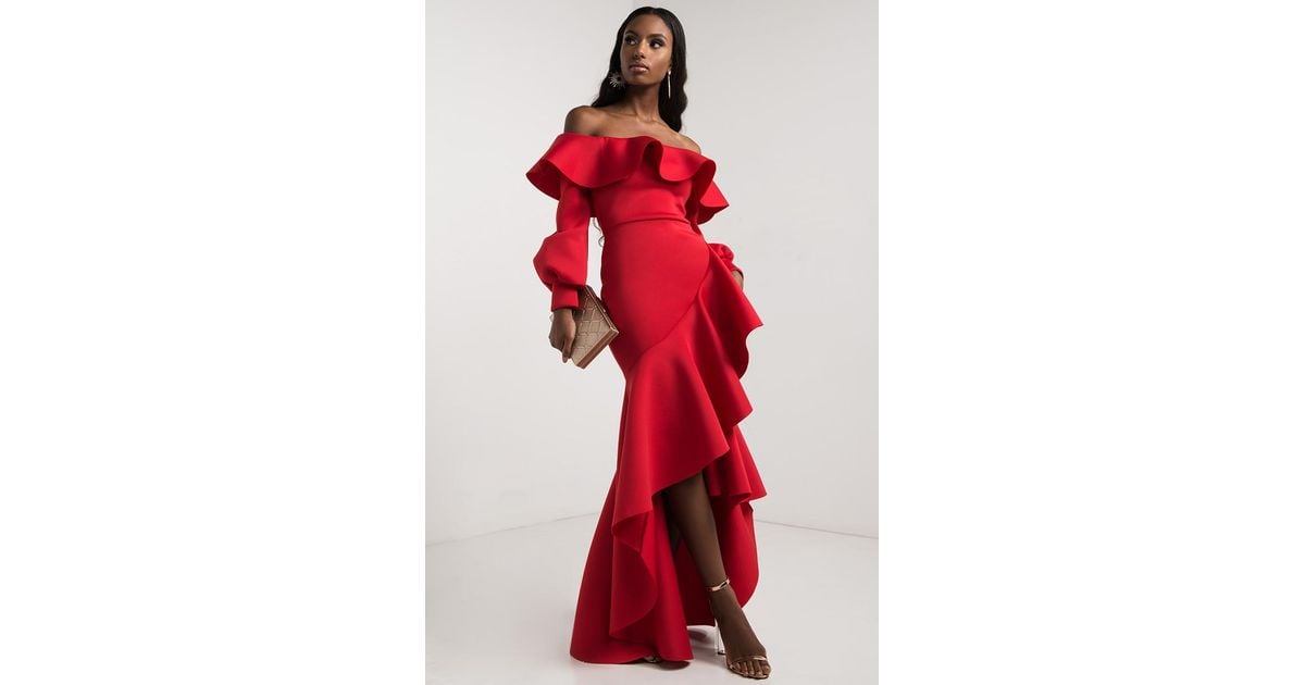 red off the shoulder ruffle dress
