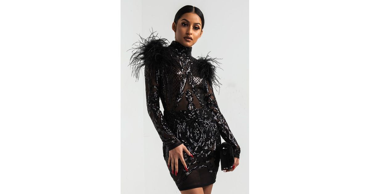 black sequin feather dress