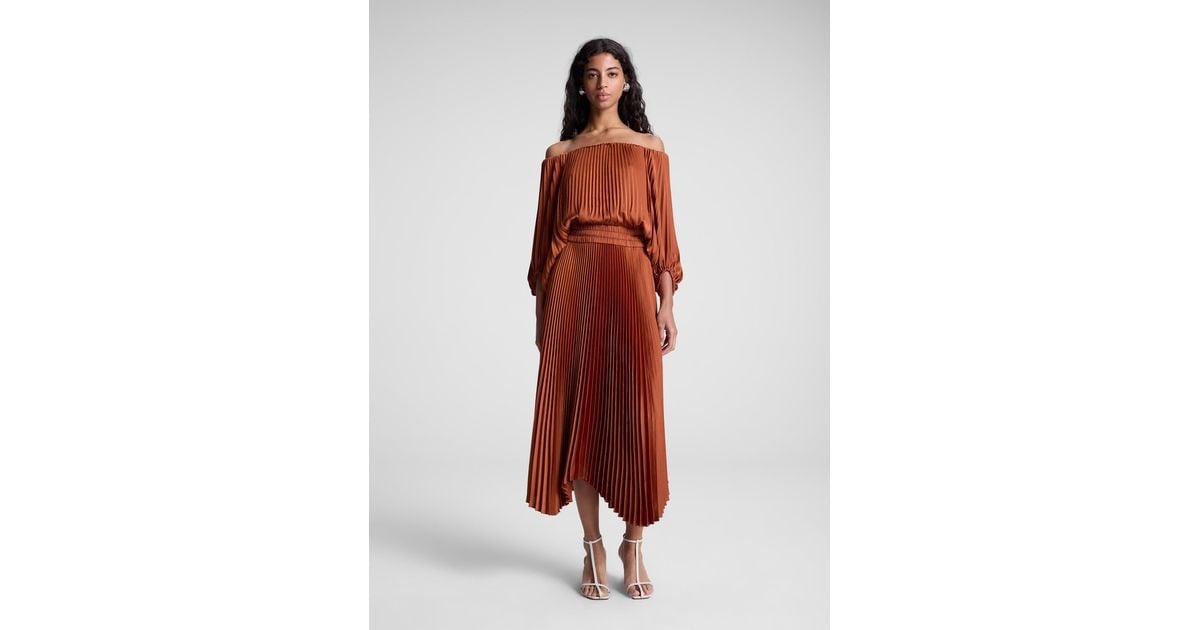 A.L.C. Sienna Satin Pleated Off Shoulder Midi Dress in Red | Lyst