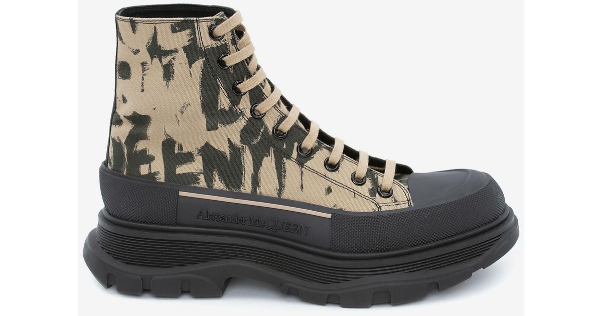 Alexander McQueen Canvas Brown Mcqueen Graffiti Tread Slick Boot in