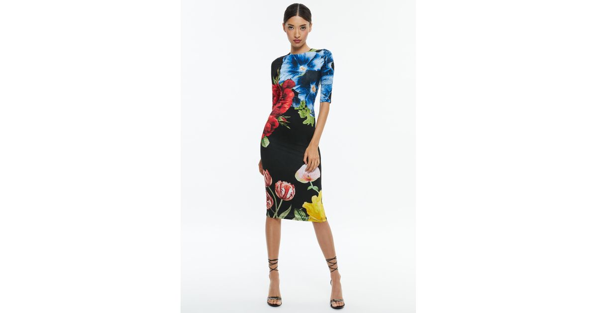 Alice + Olivia Delora Crew Neck Midi Dress in Blue | Lyst