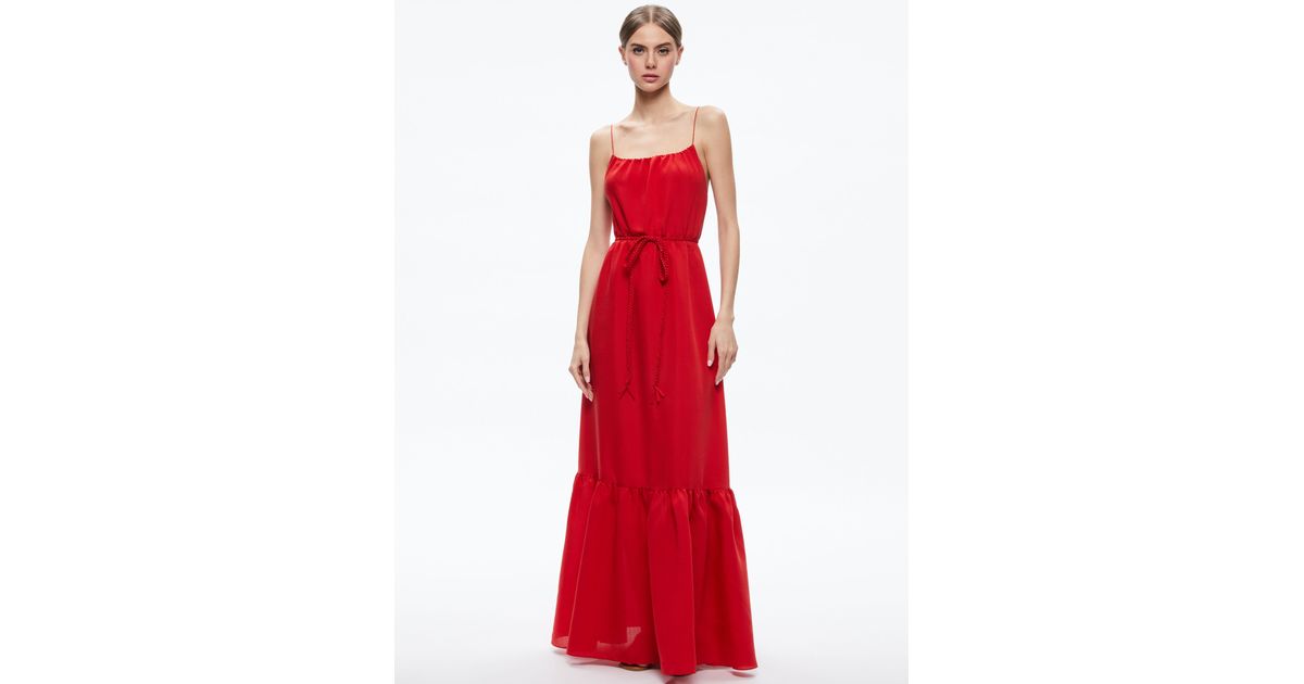 Alice + Olivia Jayda Scoop Neck Belted Maxi Dress in Red | Lyst