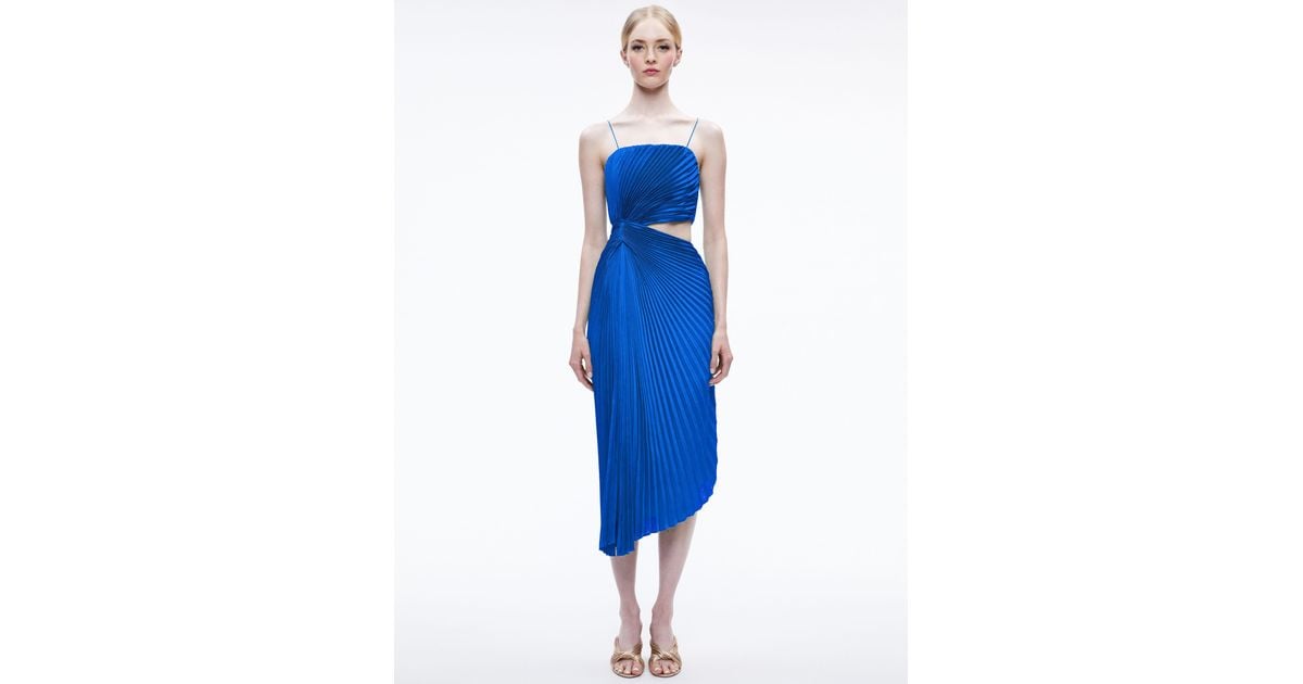 Alice + Olivia Fayeth Spaghetti Strap Asymmetrical Midi Dress in Blue