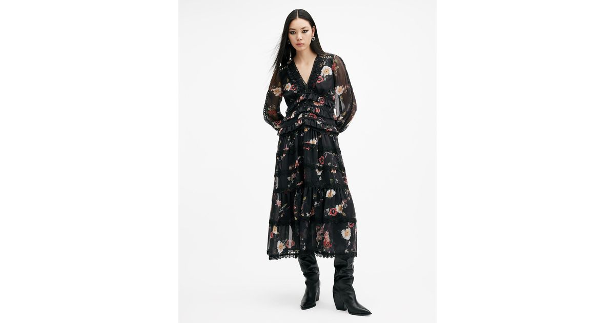 AllSaints Zora Floral Ruffle Midi Dress in Black | Lyst