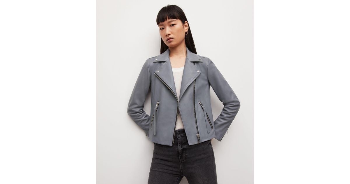 AllSaints Women's Leather Slim Fit Dalby Biker Jacket in Gray | Lyst