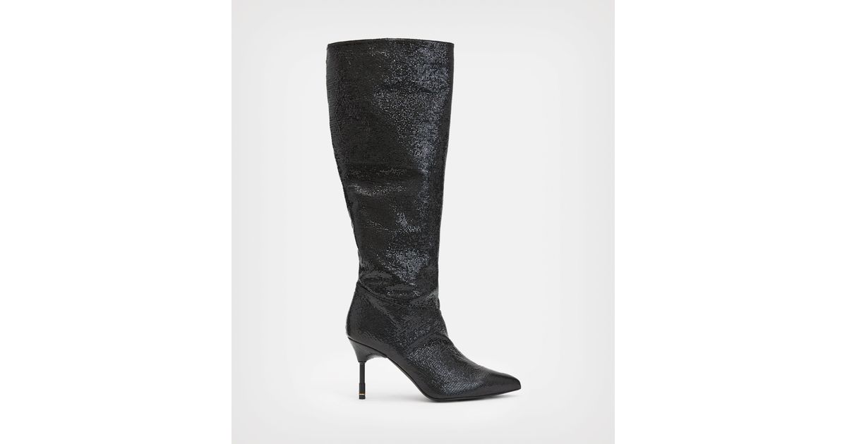 AllSaints Nori Shimmer Leather Boots in Metallic Black (Black) Lyst