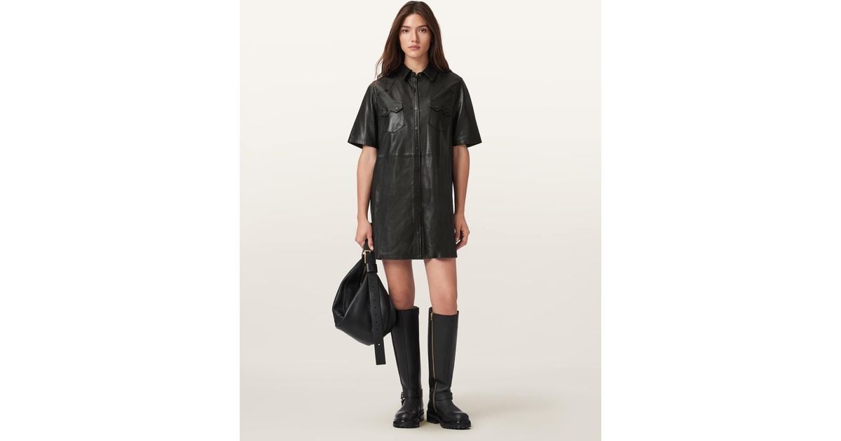 AllSaints Rock Leather Mini Dress in Black | Lyst