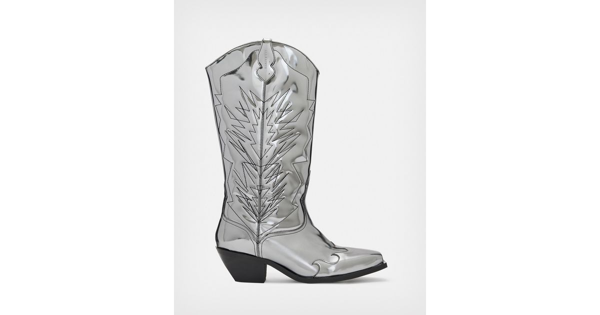 AllSaints Kacey Metallic Leather Cowboy Boots in Grey | Lyst Australia