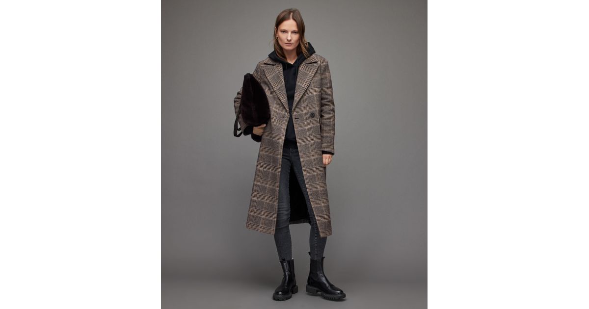 AllSaints Alexis Check Coat Womens in Gray | Lyst