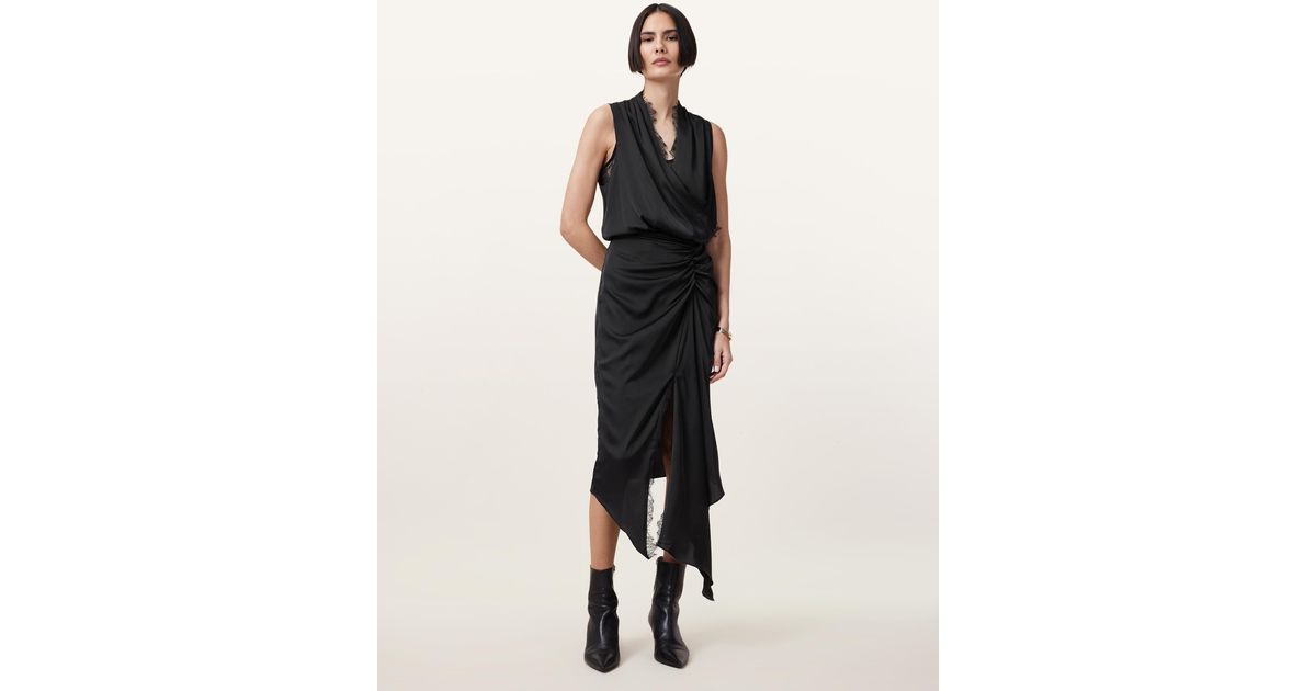 AllSaints Abi Lace Trim Draped Midi Dress in Black | Lyst AllSaints Abi Lace Trim Draped Midi Dress in Black | Lyst