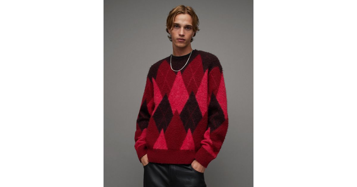 AllSaints Harley Brushed Argyle Crew Neck Sweater in Red for Men 