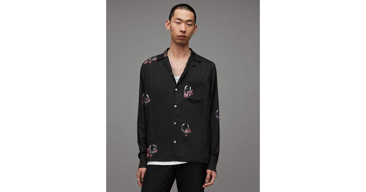 AllSaints Good Luck Horseshoe Print Relaxed Shirt in Gray for Men