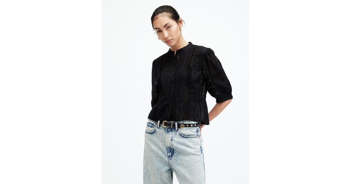 AllSaints Libby Slim Puff Sleeve Embroidered Shirt in Black Lyst Australia