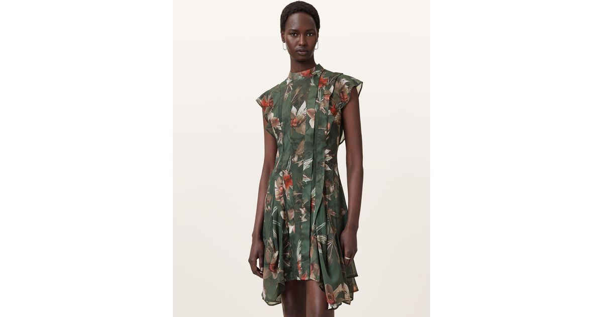 AllSaints Fleur Printed Asymmetric Mini Dress in Green | Lyst