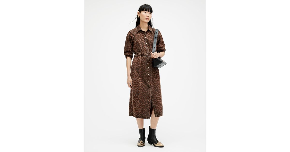 all saints osa denim dress Allsaints Osa Puff-Sleeved Washed Denim Midi Dress - Snow Grey