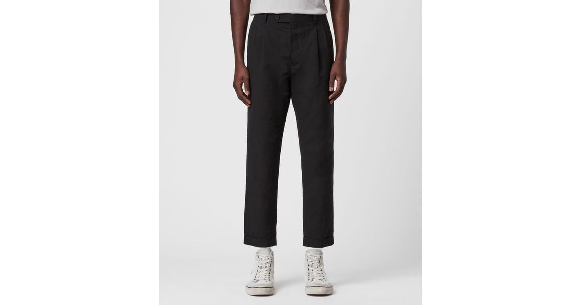 AllSaints Chiswell Linen Blend Cropped Slim Trousers in Black for Men | Lyst