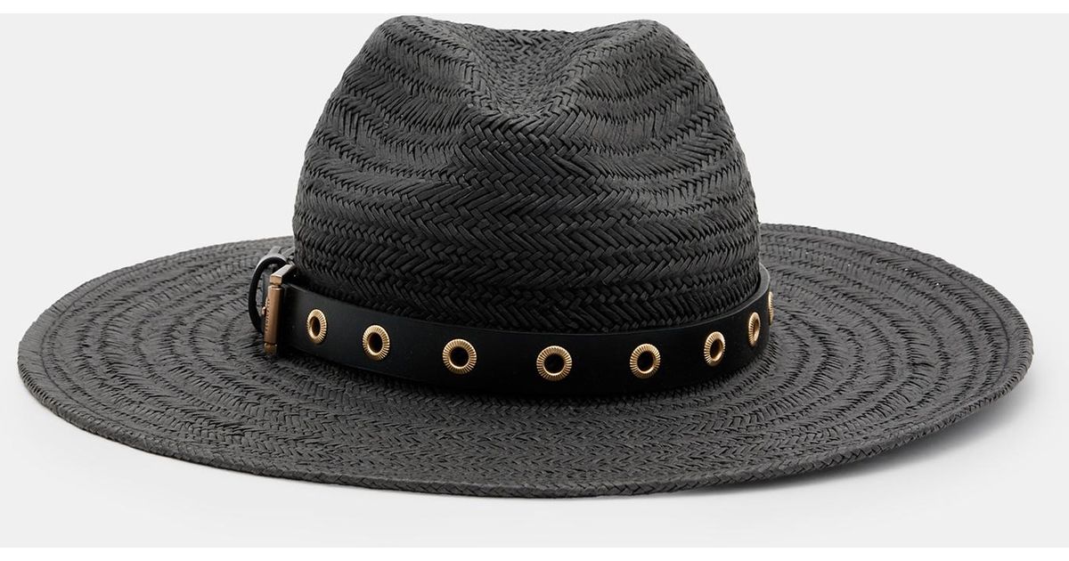 AllSaints Delilah Straw Fedora Eyelet Hat in Black | Lyst 