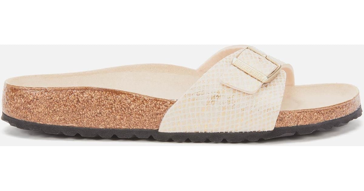 Birkenstock Suede Shiny Python Madrid Slim Fit Single Strap Sandals in Gold (Natural) | Lyst