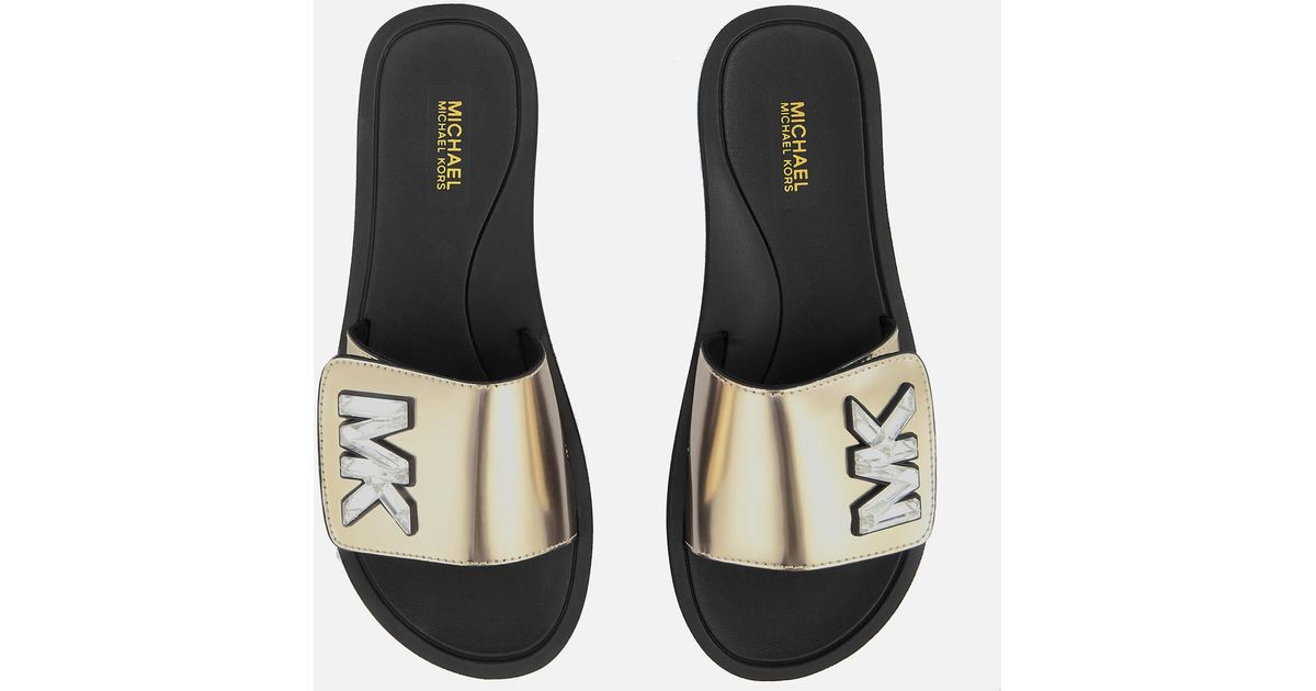MICHAEL Michael Kors Leather Mk Slide Sandals in Gold (Metallic) | Lyst